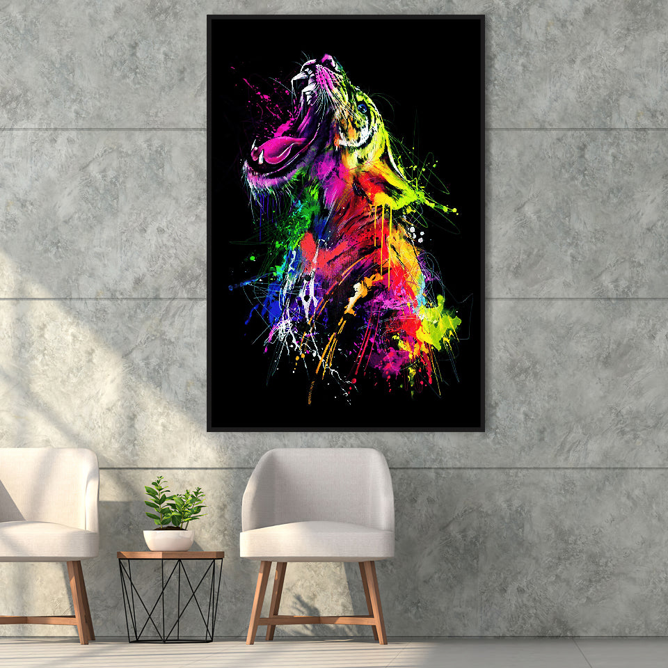 Colorful Roaring Lion Framed Canvas Prints Wall Art Decor - Painting Canvas, Floating Frame, Framed Picture