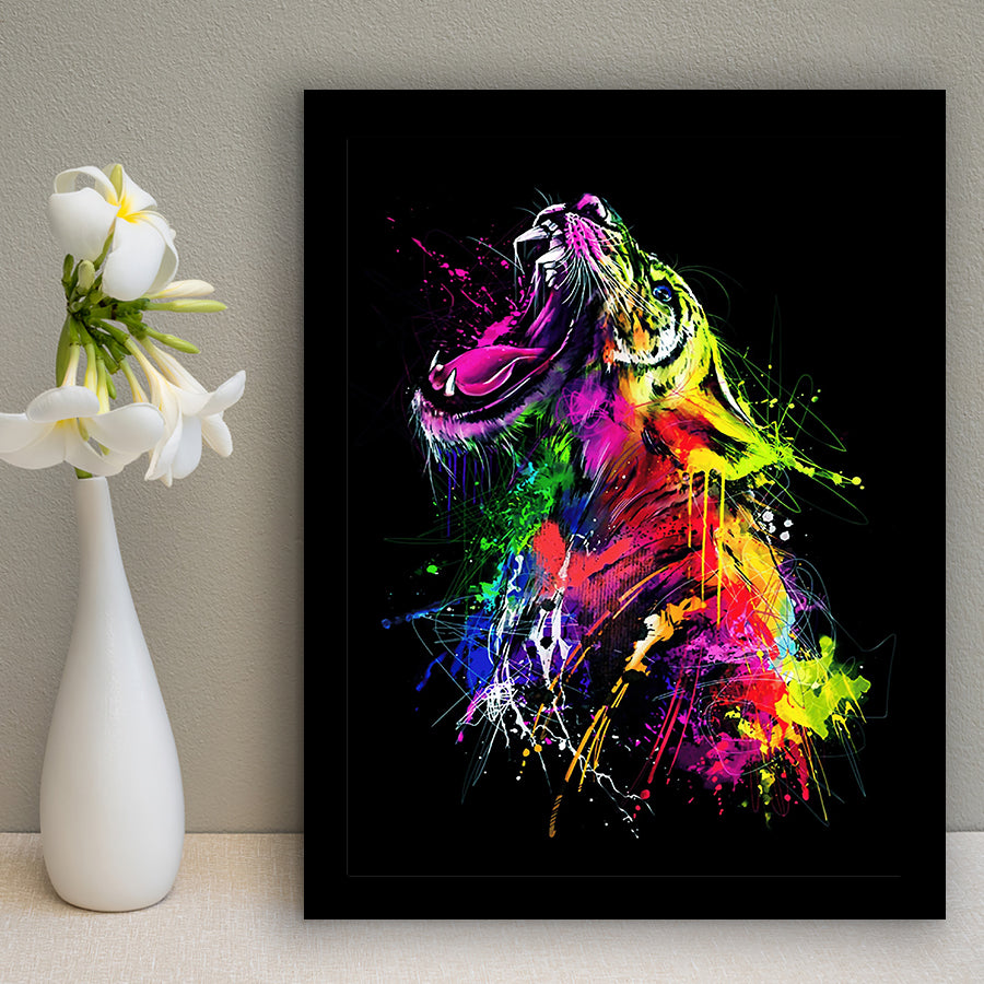 Colorful Roaring Lion Framed Art Print Wall Decor - Painting Art, Wall Art, Framed Picture, Black Frame