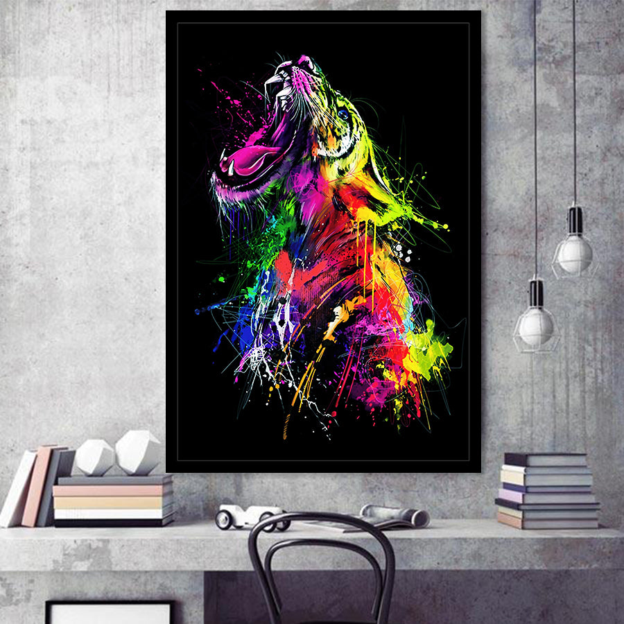 Colorful Roaring Lion Framed Art Print Wall Decor - Painting Art, Wall Art, Framed Picture, Black Frame