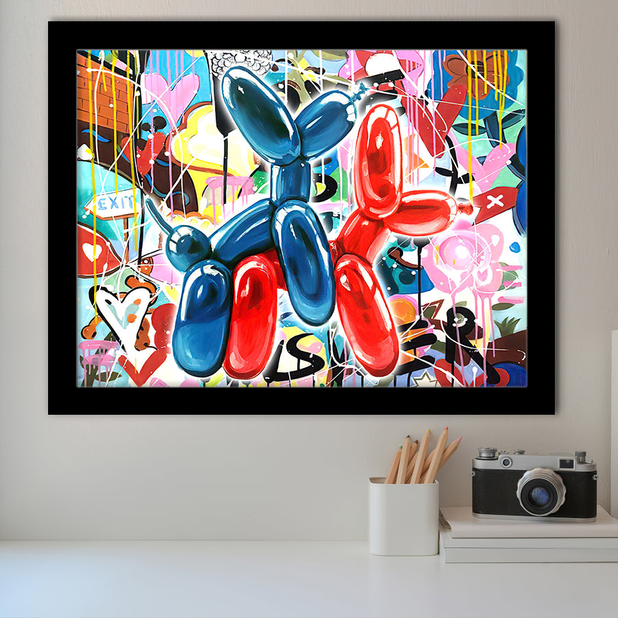 Couple Balloon Dog Graffiti Framed Art Print Wall Decor - Painting Art, Wall Art Decor, Framed Picture, Black Frame