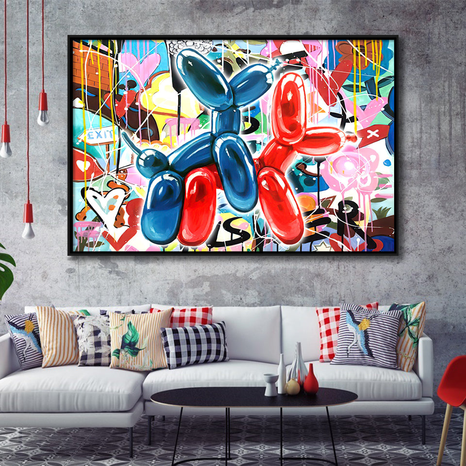 Couple Balloon Dog Graffiti Framed Canvas Prints Wall Art Decor - Painting Canvas, Floating Frame, Framed Picture