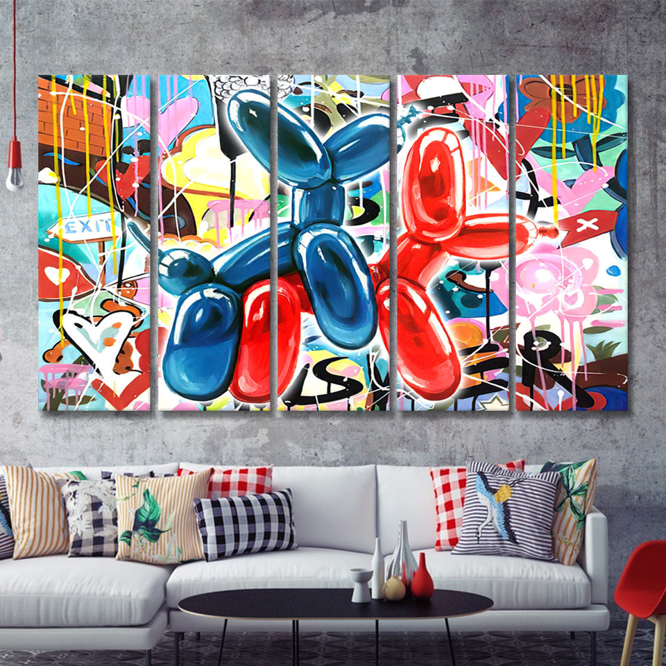 Couple Balloon Dog Graffiti Canvas 5 Piece B Prints Wall Art Decor - Painting Canvas, Multi Panels, Canvas Prints