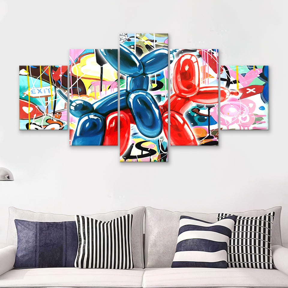 Couple Balloon Dog Graffiti Canvas 5 Pieces Prints Wall Art Decor - Painting Canvas, Multi Panels, Canvas Print