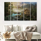 Cabin On The Lake 5 Piece Canvas Prints Wall Art - Painting Prints, Wall Decor,Multi Panels