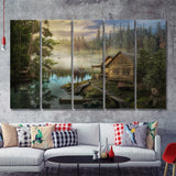 Cabin On The Lake 5 Piece Canvas Prints Wall Art - Painting Prints, Wall Decor,Multi Panels