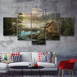 Cabin On The Lake 5 Piece Canvas Prints Wall Art - Painting Prints, Wall Decor,Multi Panel