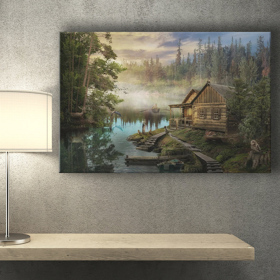 Cabin On The Lake Canvas Prints Wall Art - Painting Prints, Wall