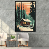 Cabin Retro Art Print V1, Large Canvas, Framed Canvas Print Wall Art Home Decor, Floating Frame