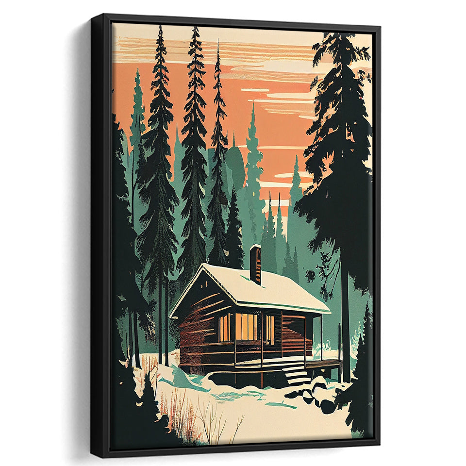 Cabin Retro Art Print V1, Large Canvas, Framed Canvas Print Wall Art Home Decor, Floating Frame