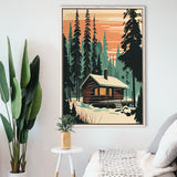 Cabin Retro Art Print V1, Large Canvas, Framed Canvas Print Wall Art Home Decor, Floating Frame