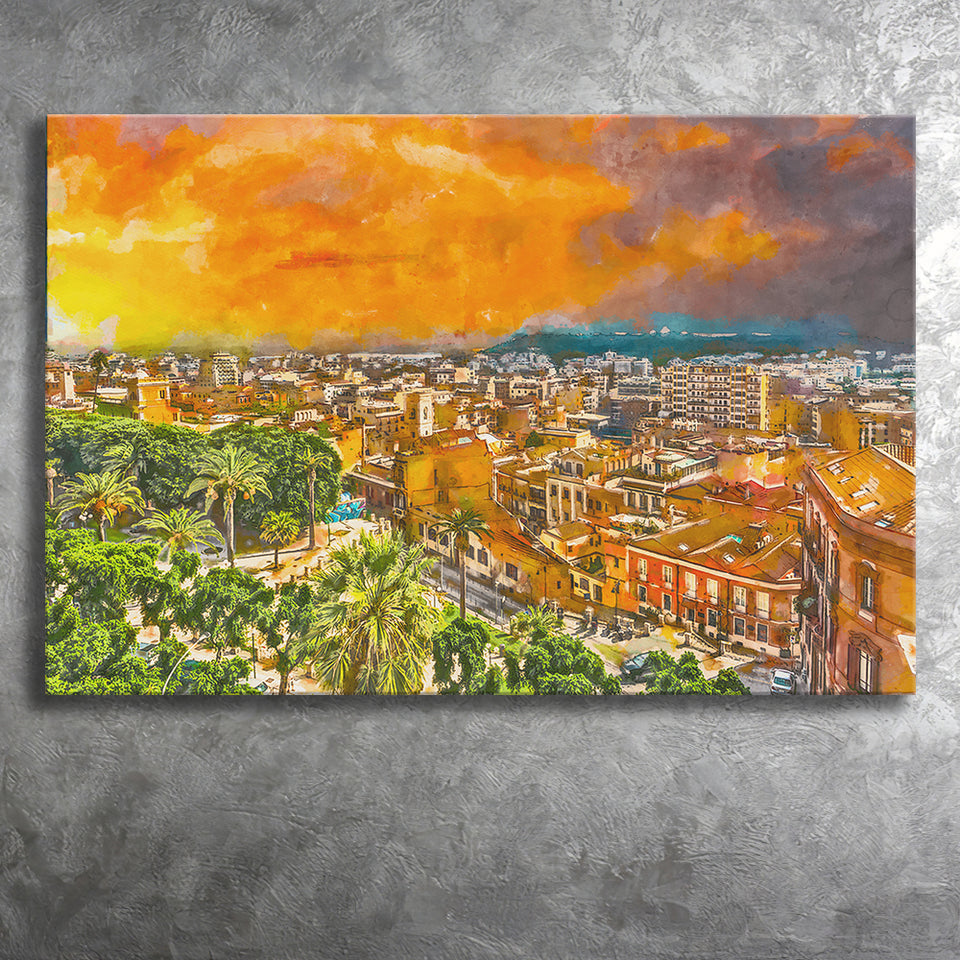 Cagliari Sardinia Italy Old Town Cityscape City Art Watercolor Canvas Prints Wall Art Home Decor, Large Canvas