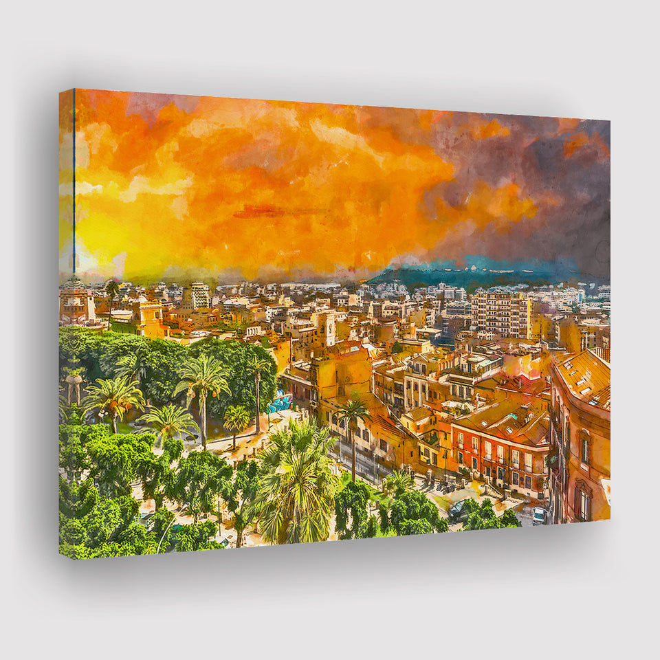Cagliari Sardinia Italy Old Town Cityscape City Art Watercolor Canvas Prints Wall Art Home Decor, Large Canvas