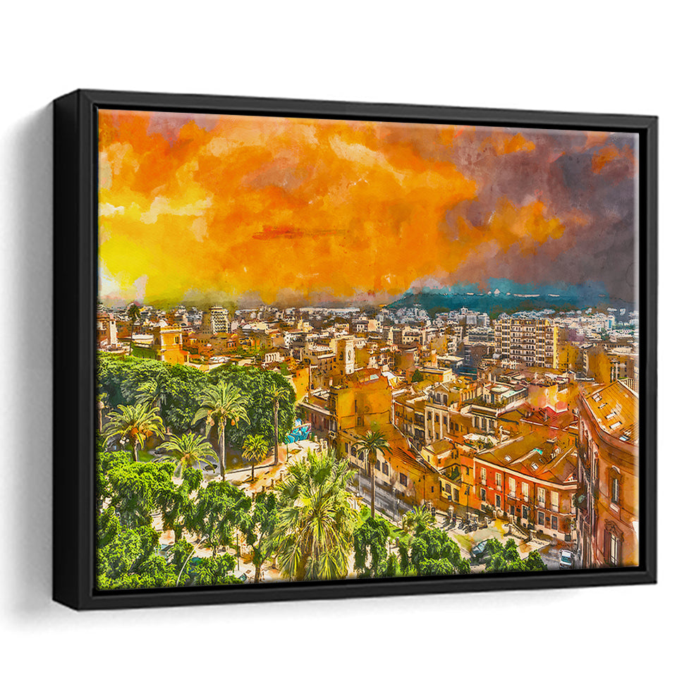 Cagliari Sardinia Italy Old Town Cityscape City Art Watercolor Framed Canvas Prints Wall Art Home Decor,Floating Frame