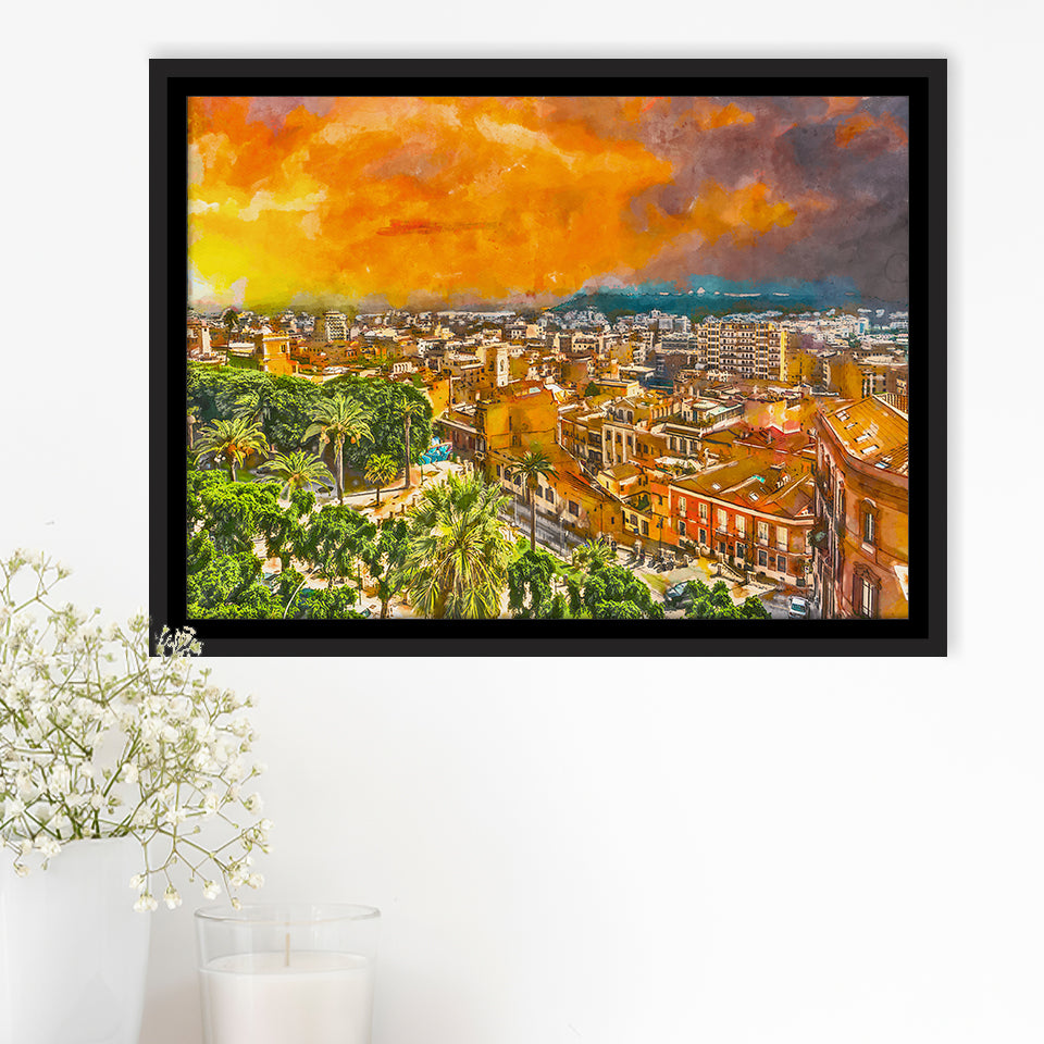 Cagliari Sardinia Italy Old Town Cityscape City Art Watercolor Framed Canvas Prints Wall Art Home Decor,Floating Frame