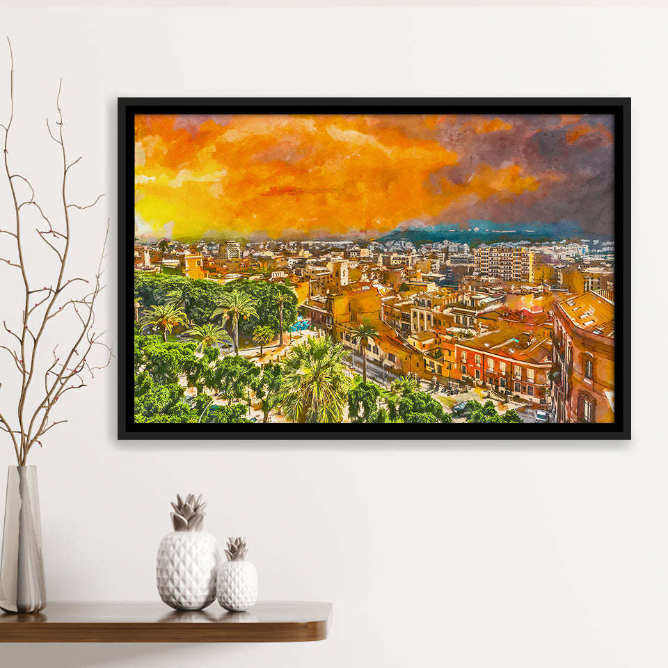 Cagliari Sardinia Italy Old Town Cityscape City Art Watercolor Framed Canvas Prints Wall Art Home Decor,Floating Frame
