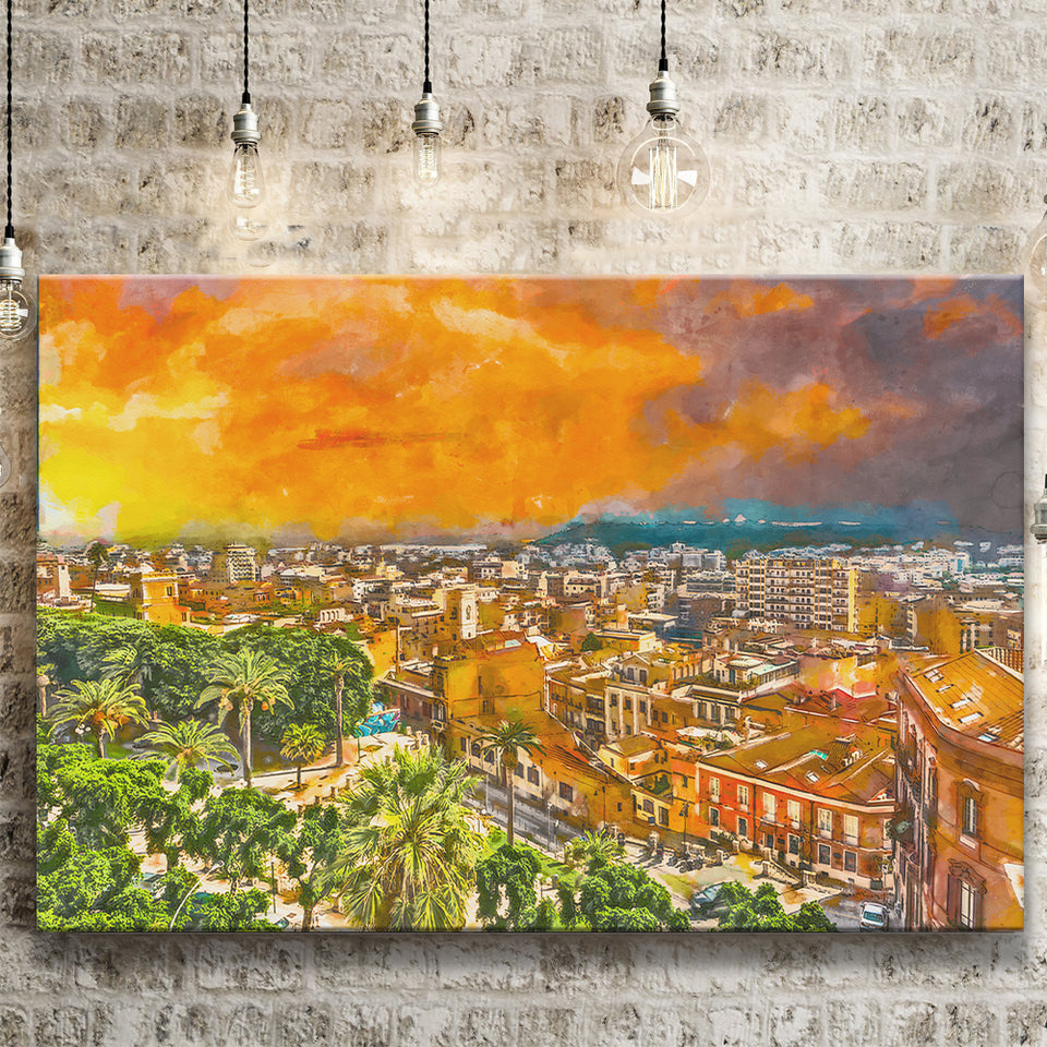 Cagliari Sardinia Italy Old Town Cityscape City Art Watercolor Canvas Prints Wall Art Home Decor, Large Canvas