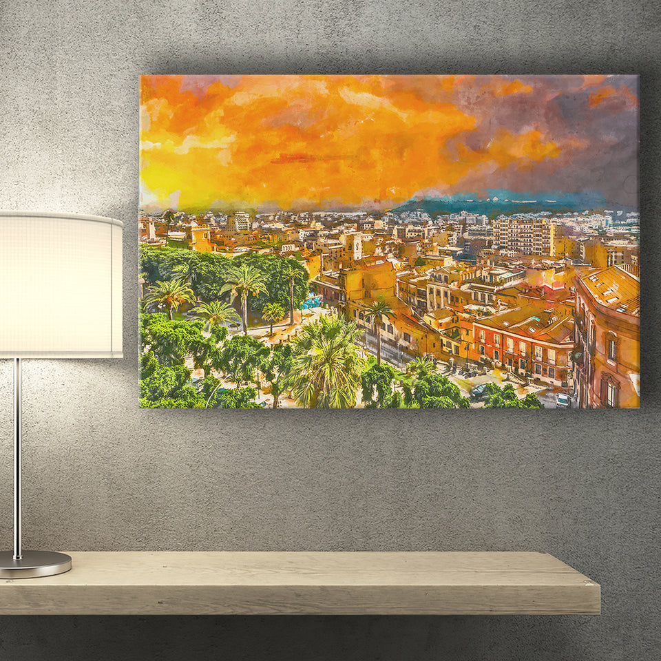 Cagliari Sardinia Italy Old Town Cityscape City Art Watercolor Canvas Prints Wall Art Home Decor, Large Canvas