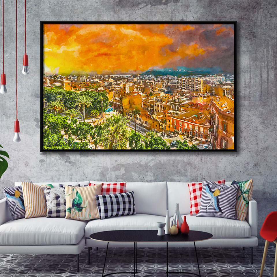 Cagliari Sardinia Italy Old Town Cityscape City Art Watercolor Framed Canvas Prints Wall Art Home Decor,Floating Frame