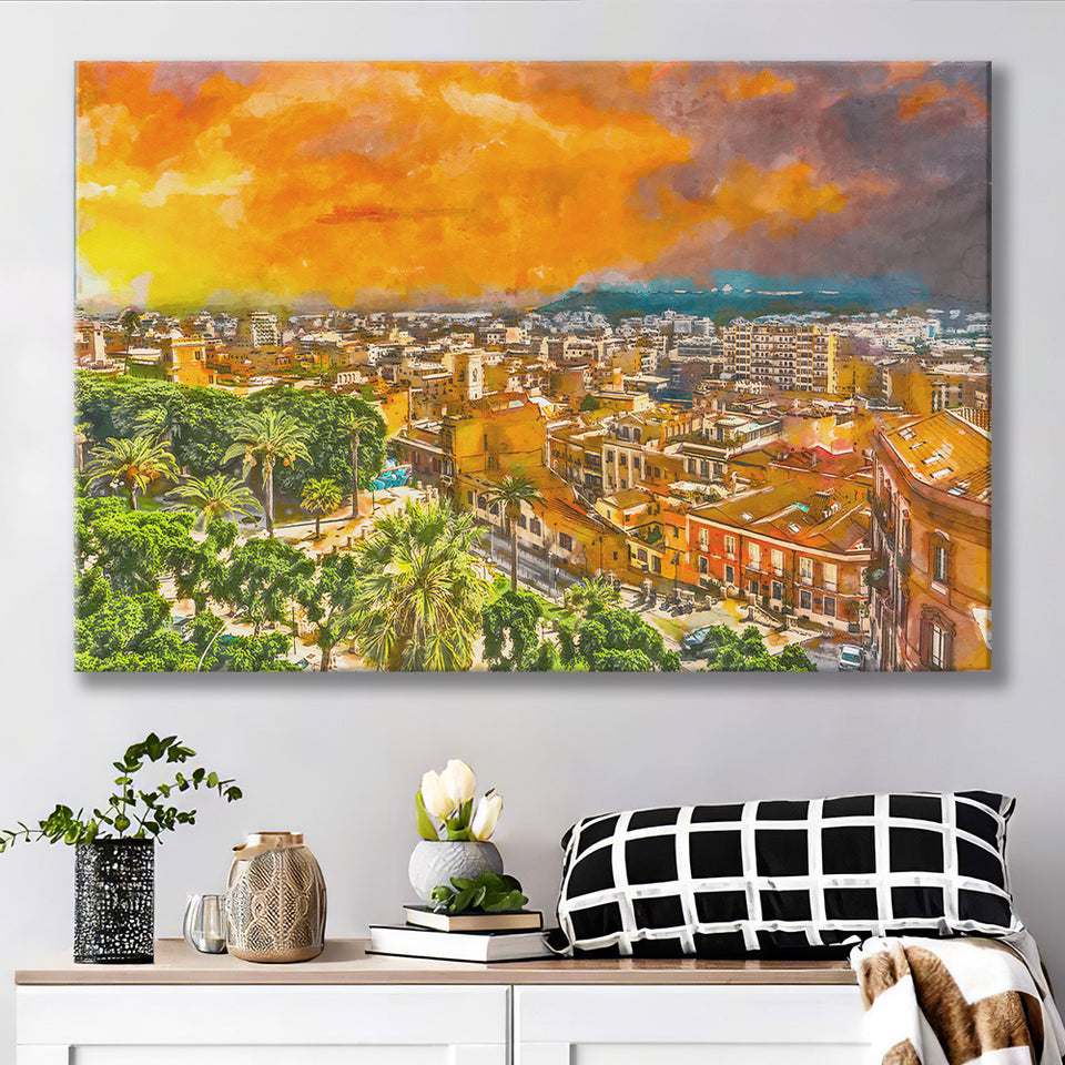 Cagliari Sardinia Italy Old Town Cityscape City Art Watercolor Canvas Prints Wall Art Home Decor, Large Canvas