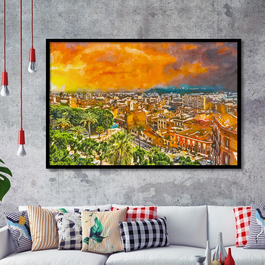 Cagliari Sardinia Italy Old Town Cityscape City Art Watercolor Framed Art Prints Wall Art Decor,Framed Picture