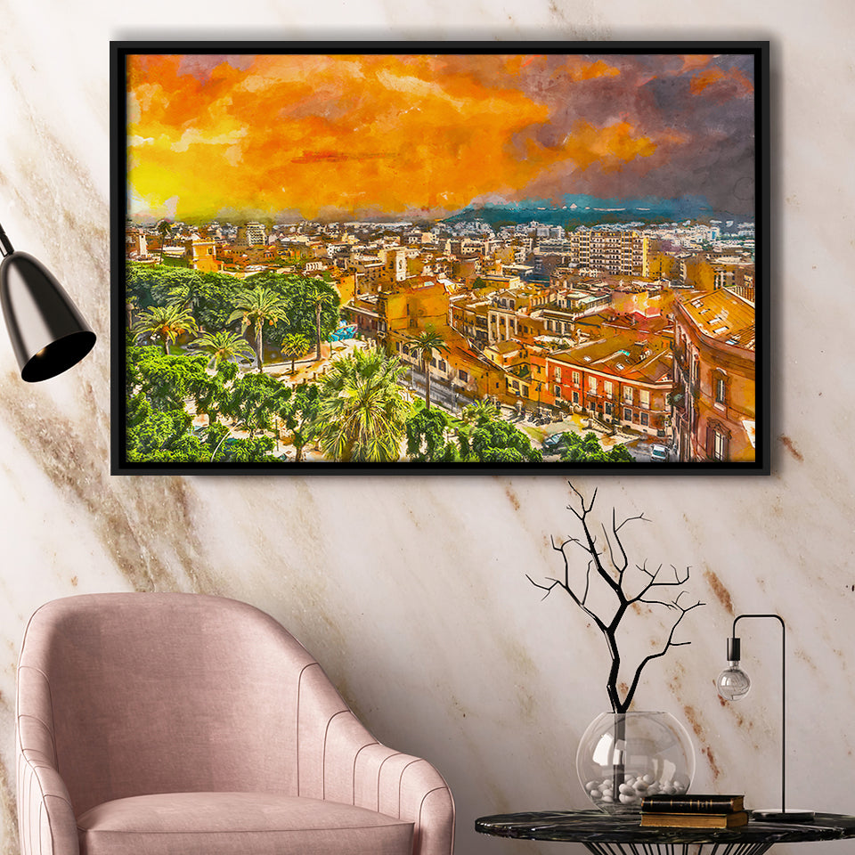 Cagliari Sardinia Italy Old Town Cityscape City Art Watercolor Framed Canvas Prints Wall Art Home Decor,Floating Frame