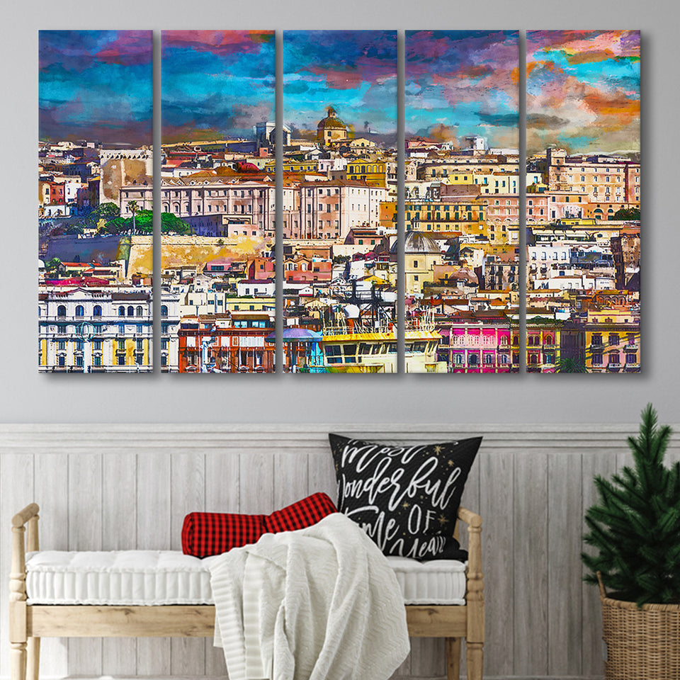 Cagliari Sardinia Italy Old Town Skyline 5 Pieces Extra Large Canvas Prints Wall Art Home Decor