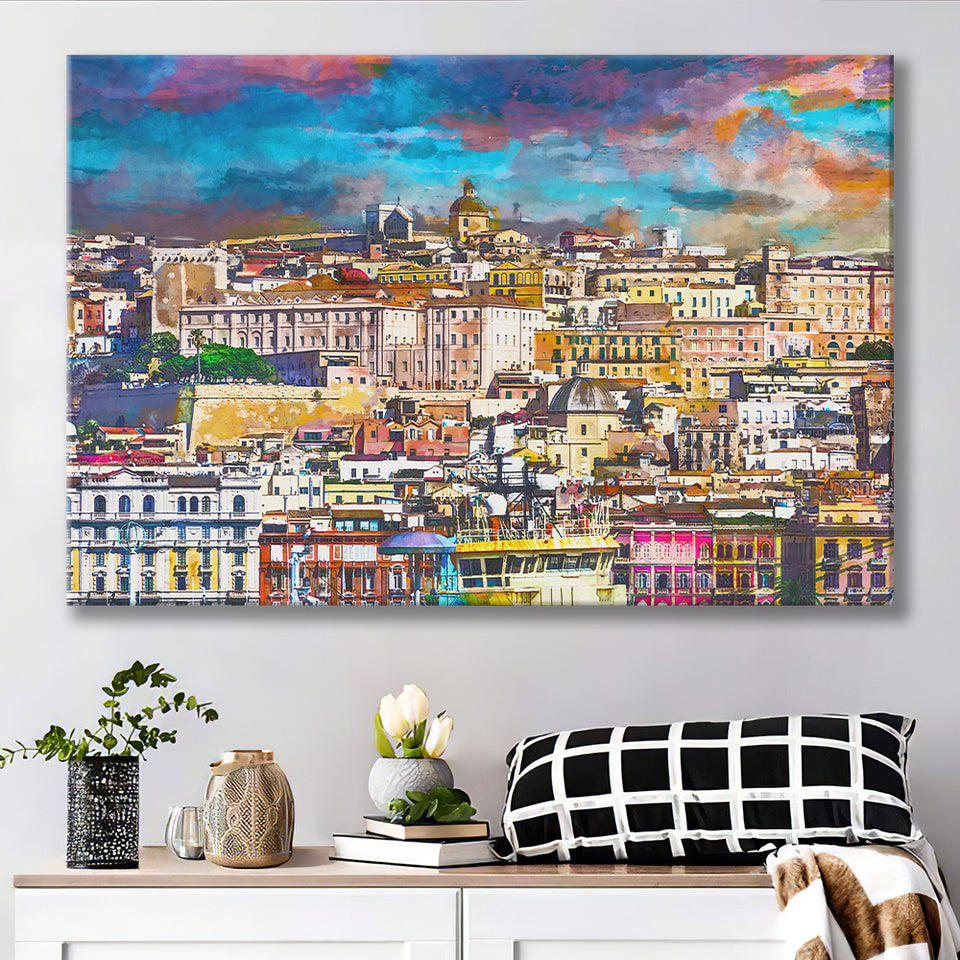 Cagliari Sardinia Italy Old Town Skyline City Art Watercolor Canvas Prints Wall Art Home Decor, Large Canvas
