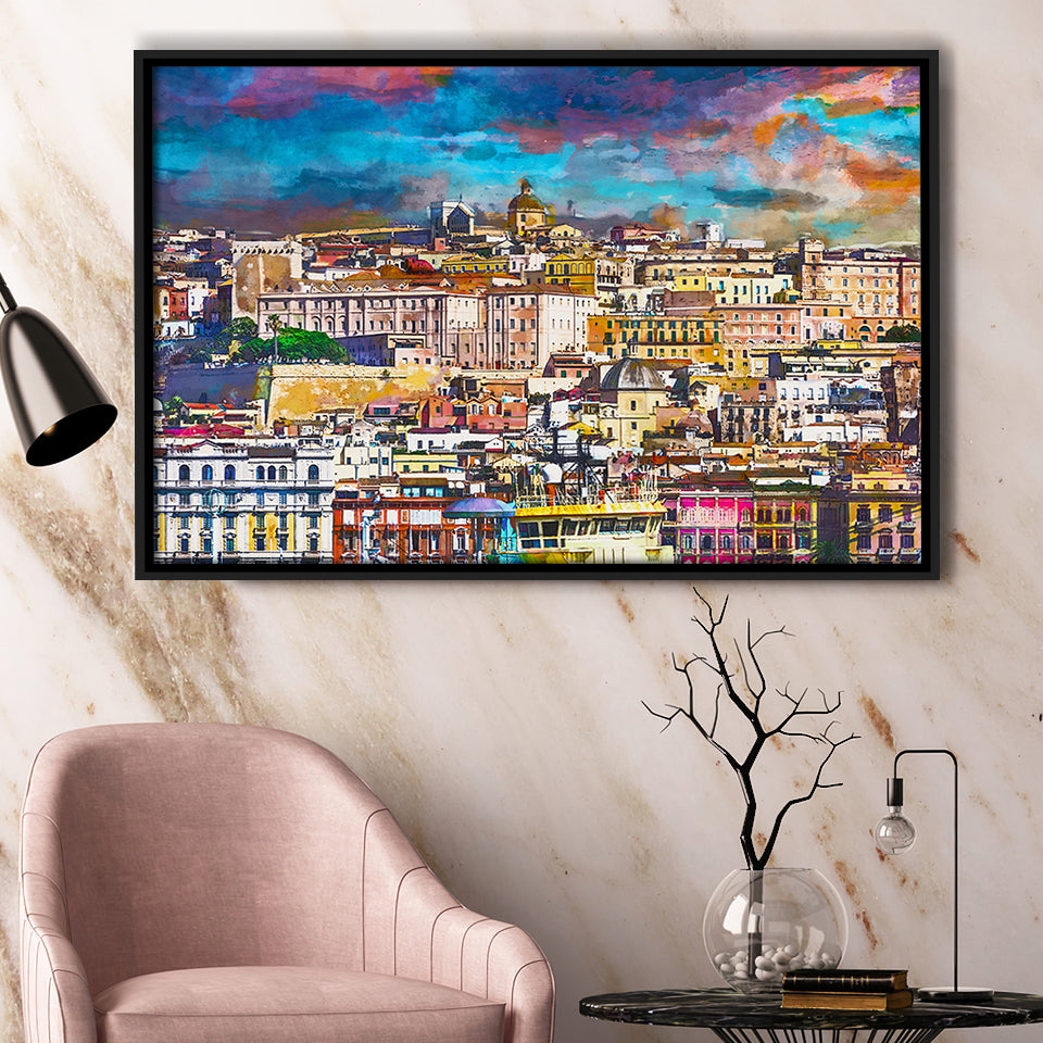 Cagliari Sardinia Italy Old Town Skyline City Art Watercolor Framed Canvas Prints Wall Art Home Decor,Floating Frame