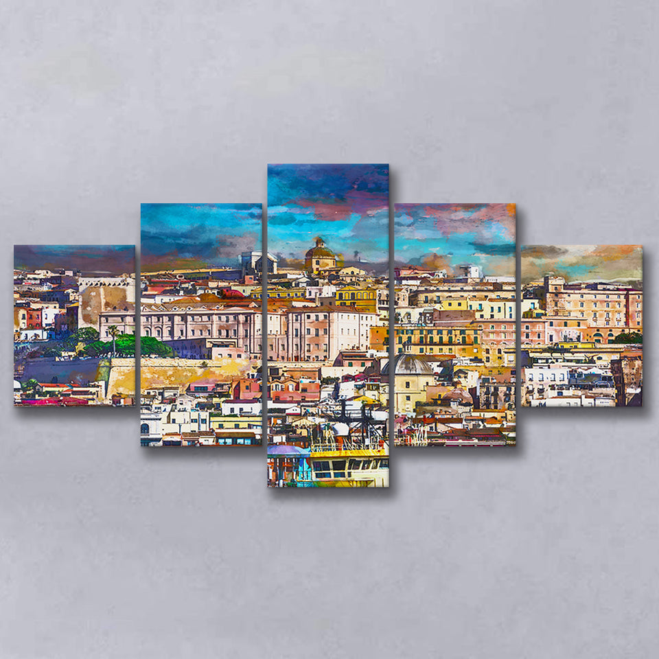 Cagliari Sardinia Italy Old Town Skyline 5 Pieces Mixed Canvas Prints Wall Art Home Decor