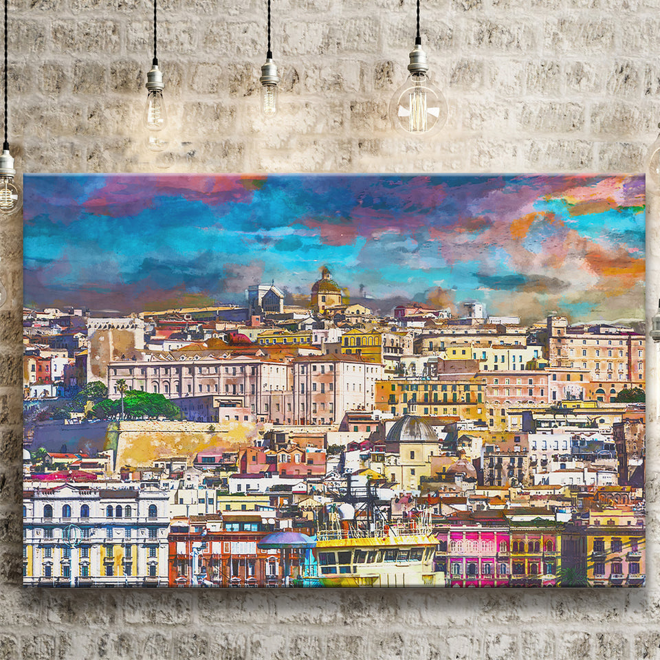 Cagliari Sardinia Italy Old Town Skyline City Art Watercolor Canvas Prints Wall Art Home Decor, Large Canvas