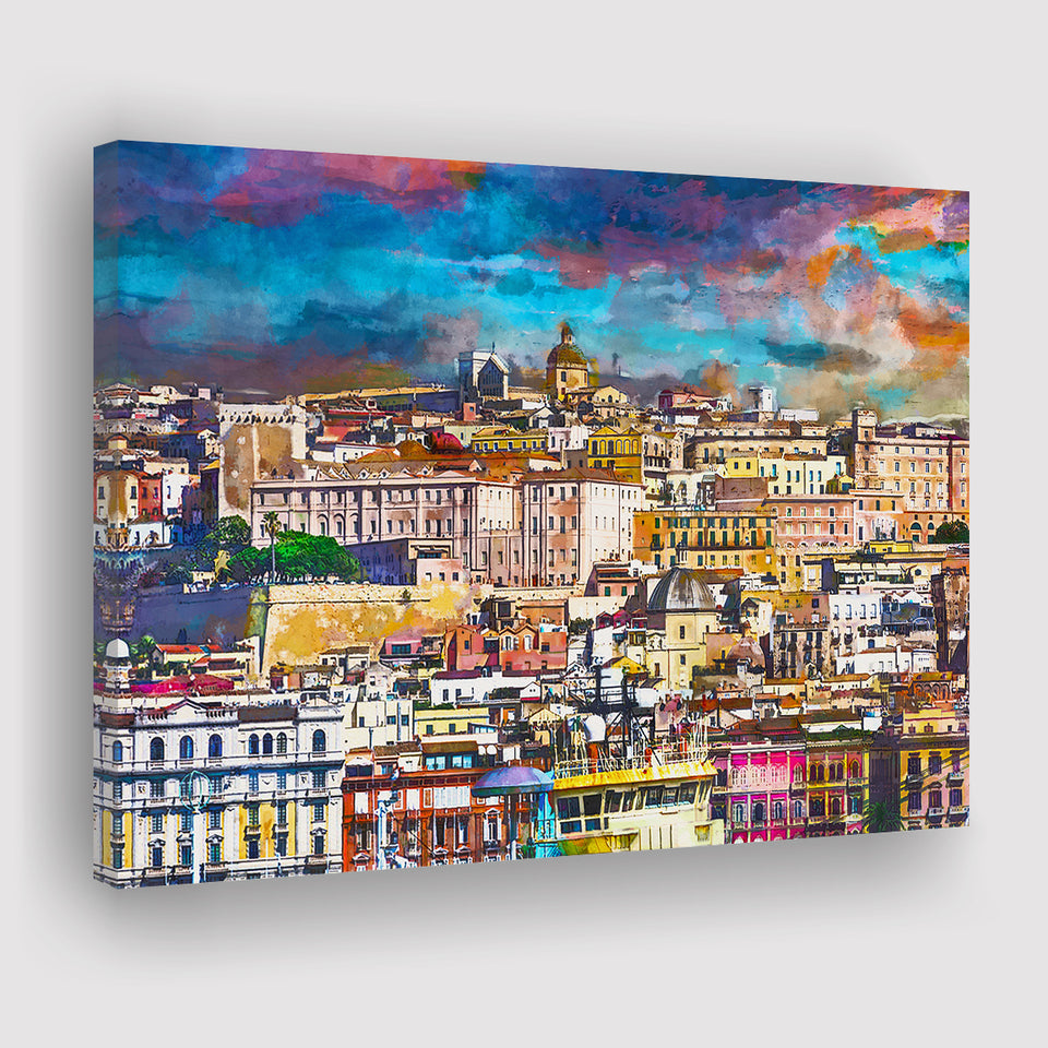 Cagliari Sardinia Italy Old Town Skyline City Art Watercolor Canvas Prints Wall Art Home Decor, Large Canvas