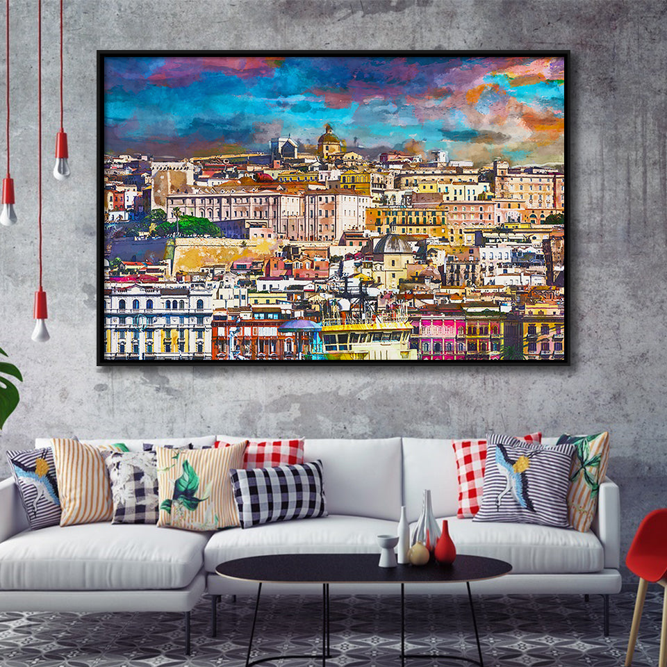 Cagliari Sardinia Italy Old Town Skyline City Art Watercolor Framed Canvas Prints Wall Art Home Decor,Floating Frame
