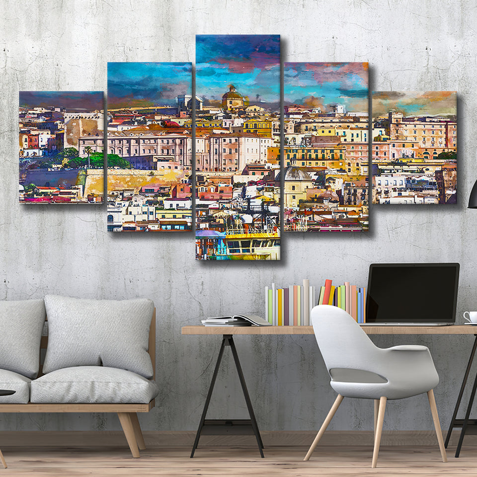 Cagliari Sardinia Italy Old Town Skyline 5 Pieces Mixed Canvas Prints Wall Art Home Decor