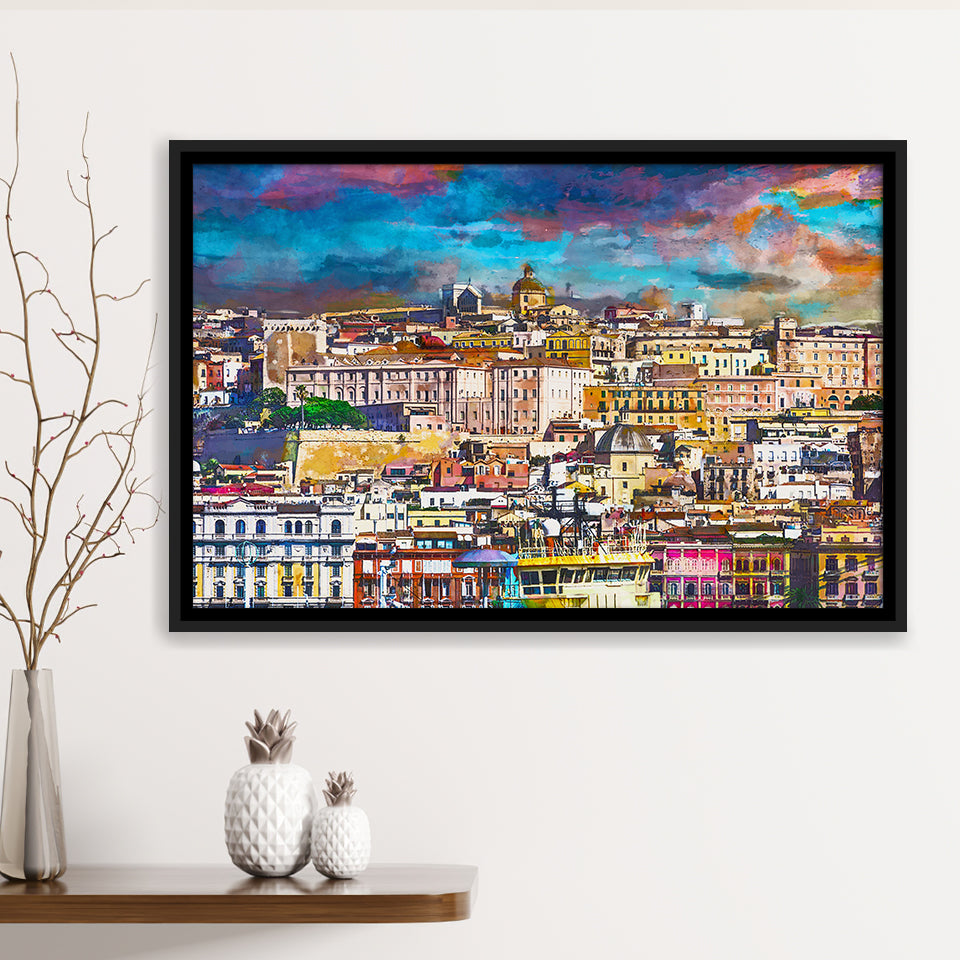 Cagliari Sardinia Italy Old Town Skyline City Art Watercolor Framed Canvas Prints Wall Art Home Decor,Floating Frame