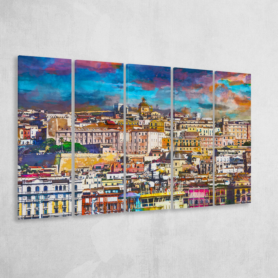 Cagliari Sardinia Italy Old Town Skyline 5 Pieces Extra Large Canvas Prints Wall Art Home Decor