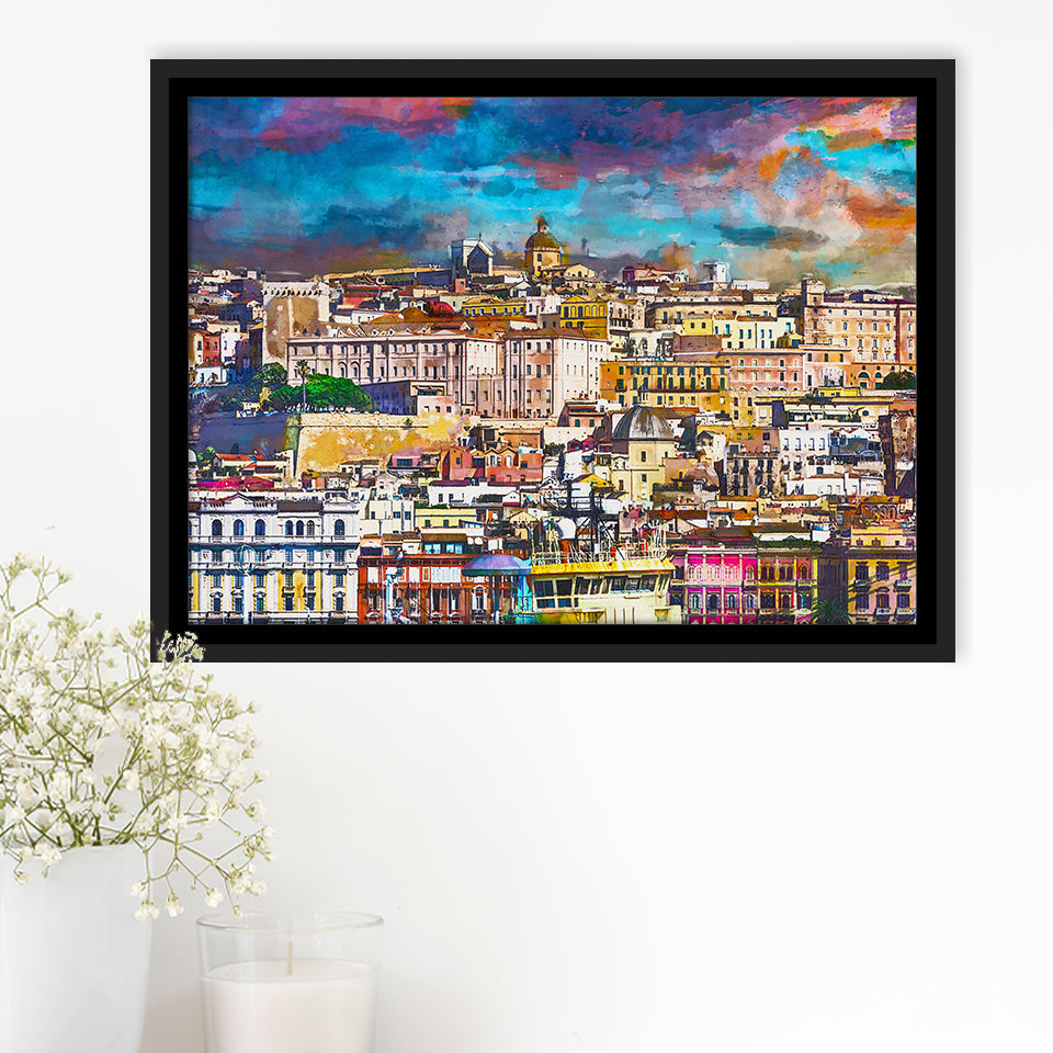 Cagliari Sardinia Italy Old Town Skyline City Art Watercolor Framed Canvas Prints Wall Art Home Decor,Floating Frame