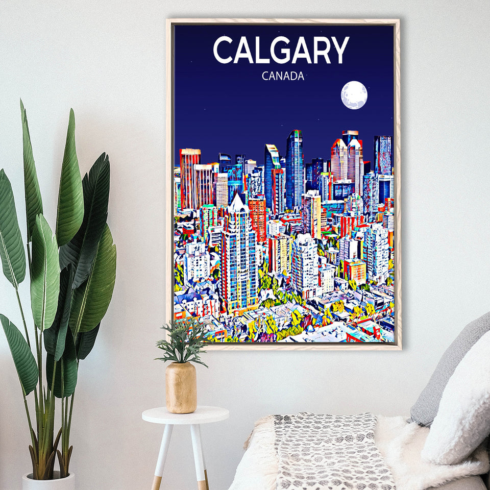Calgary Canada Art Night Art Print, Large Canvas, Framed Canvas Print Wall Art Home Decor, Floating Frame
