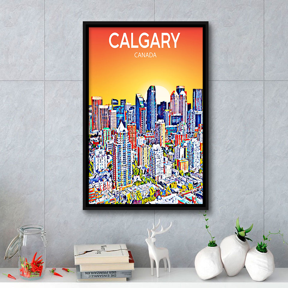 Calgary Canada Art Sunset Art Print, Large Canvas, Framed Canvas Print Wall Art Home Decor, Floating Frame
