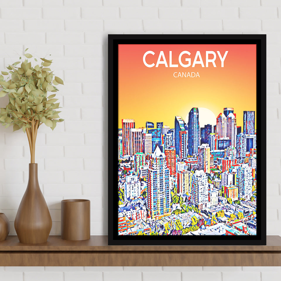 Calgary Canada Art Sunset Art Print, Large Canvas, Framed Canvas Print Wall Art Home Decor, Floating Frame