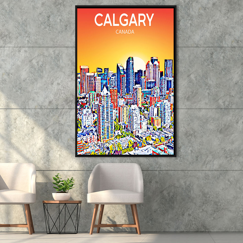 Calgary Canada Art Sunset Art Print, Large Canvas, Framed Canvas Print Wall Art Home Decor, Floating Frame