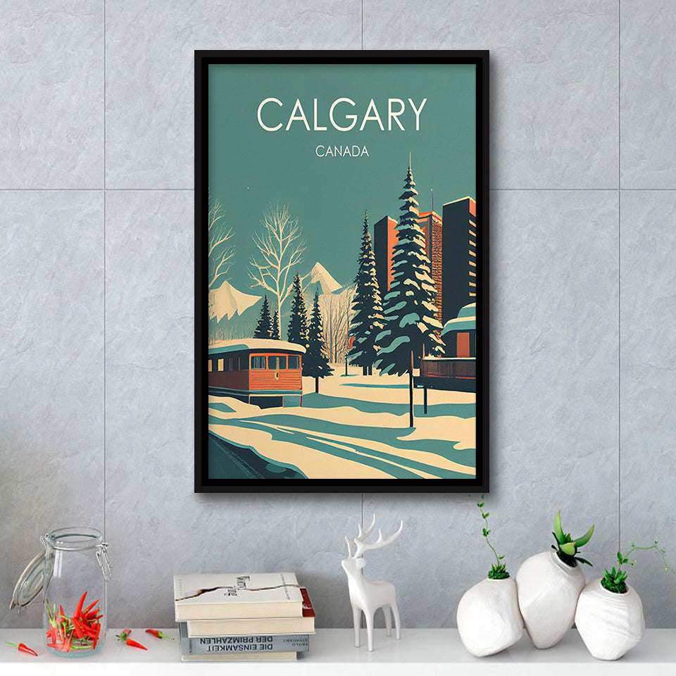 Calgary Canada Retro Art Print, Large Canvas, Framed Canvas Print Wall Art Home Decor, Floating Frame