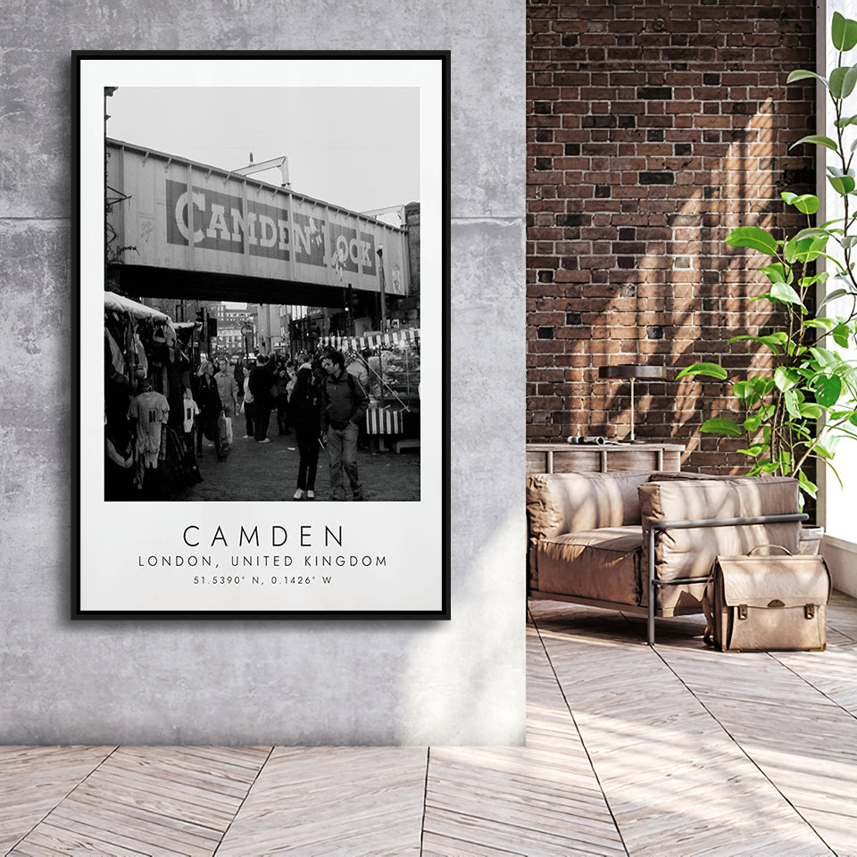 Camden, London United Kingdom 1 Black And White Art Framed Canvas Prints Wall Art Home Decor, Floating Frame