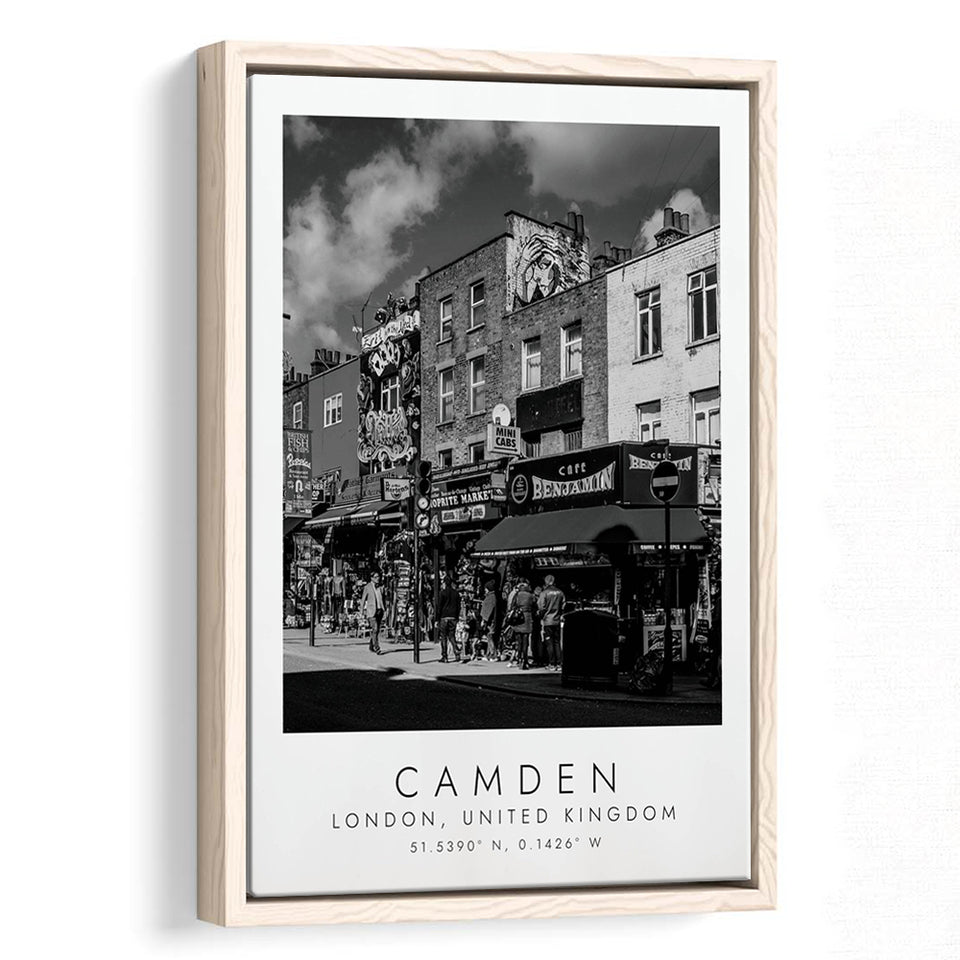 Camden, London United Kingdom Black And White Art Framed Canvas Prints Wall Art Home Decor, Floating Frame