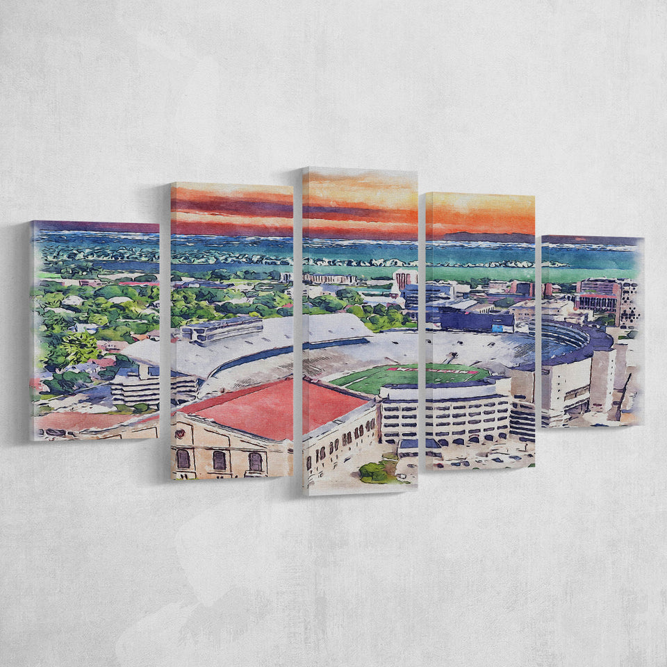 Camp Randall Stadium Wisconsin Stadium Watercolor, 5 Pieces, Multi Panel Canvas Prints Wall Art Decor