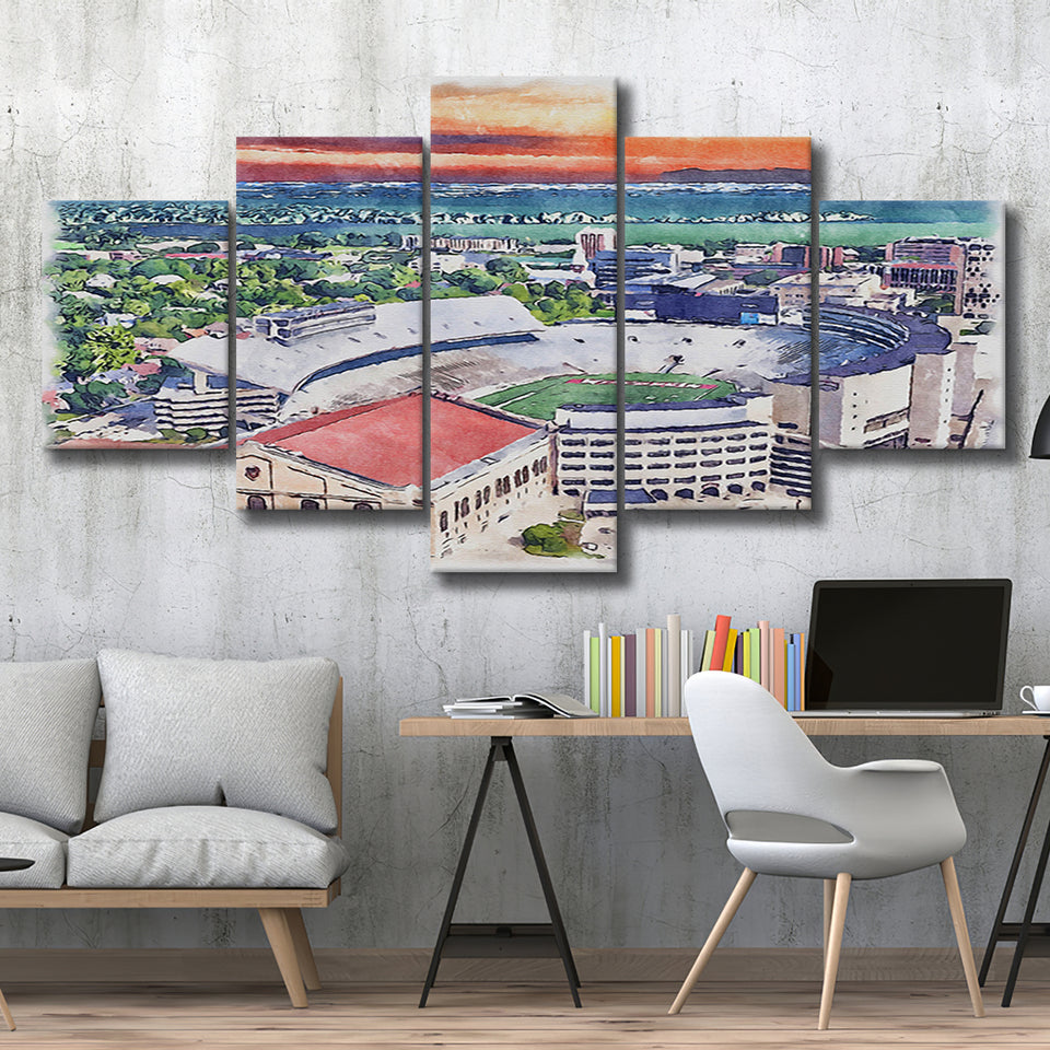 Camp Randall Stadium Wisconsin Stadium Watercolor, 5 Pieces, Multi Panel Canvas Prints Wall Art Decor