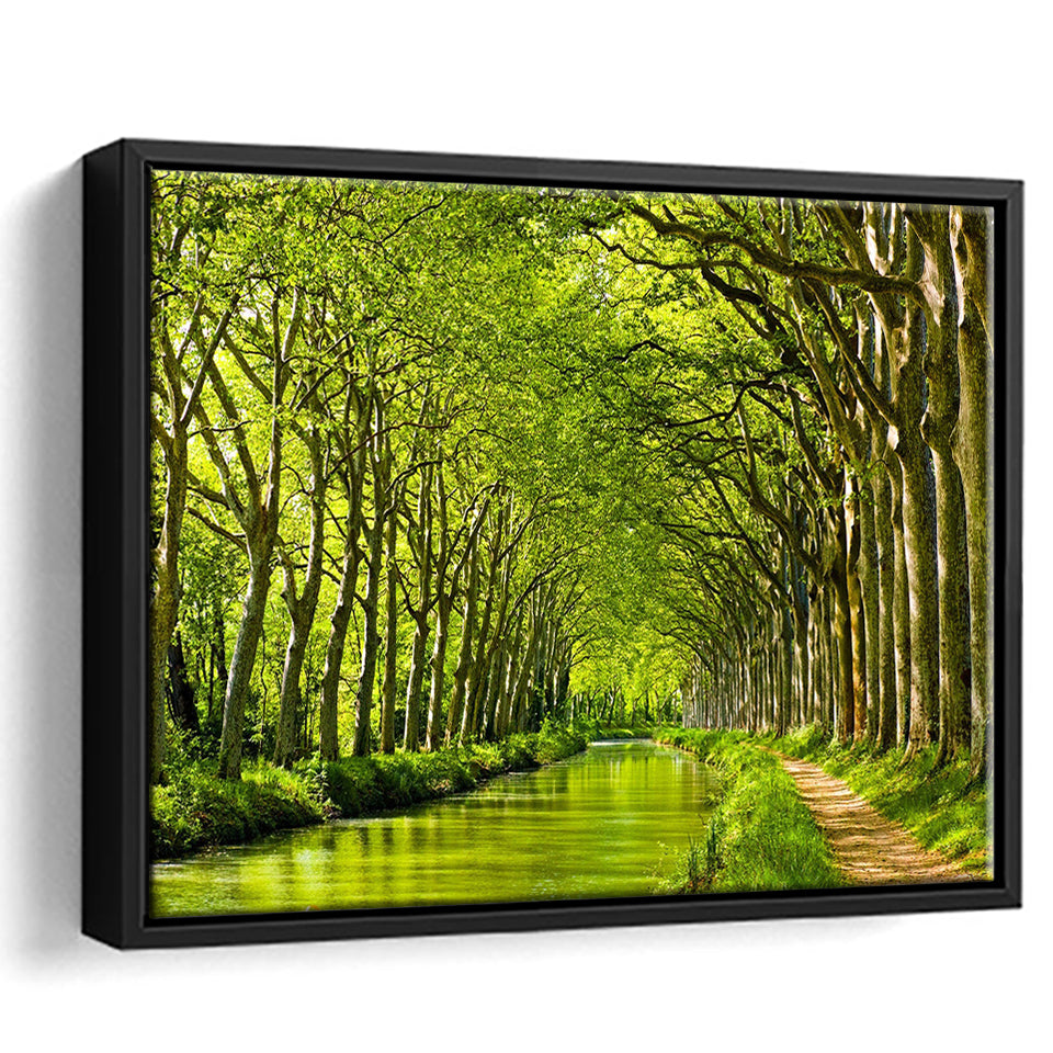 Canal Du Midi in France Green Trees Framed Canvas Prints Wall Art Decor - Paiting Canvas, Art Prints, Floating Frame