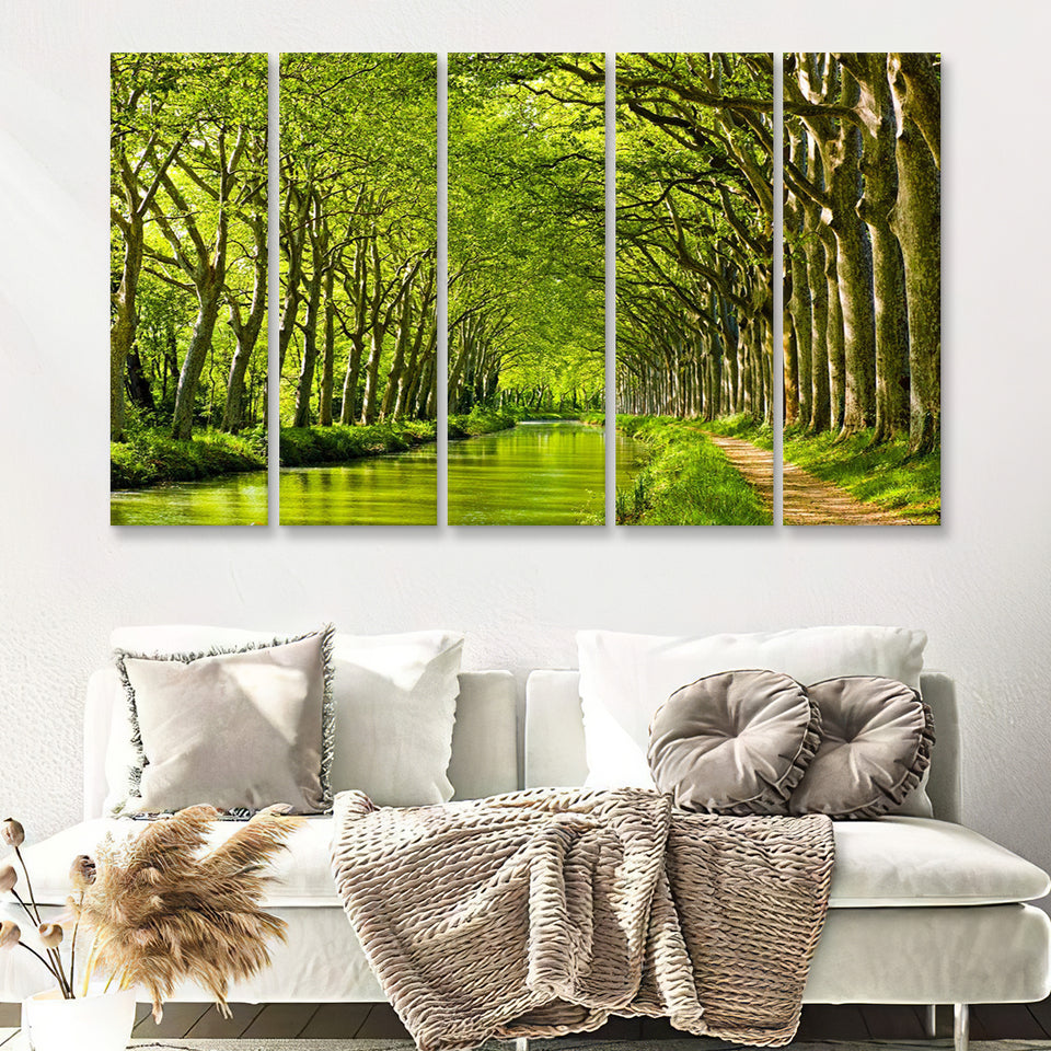 Canal Du Midi in France Green Trees 5 Piece B Canvas Prints Wall Art Decor - Painting Canvas, Multi Panels