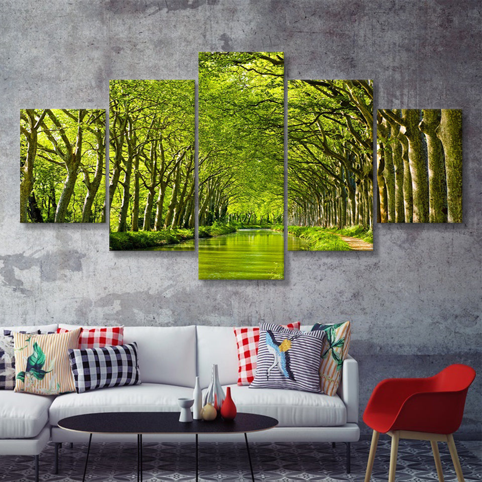 Canal Du Midi in France Green Trees 5 Piece Canvas Prints Wall Art Decor - Painting Canvas, Multi Panels