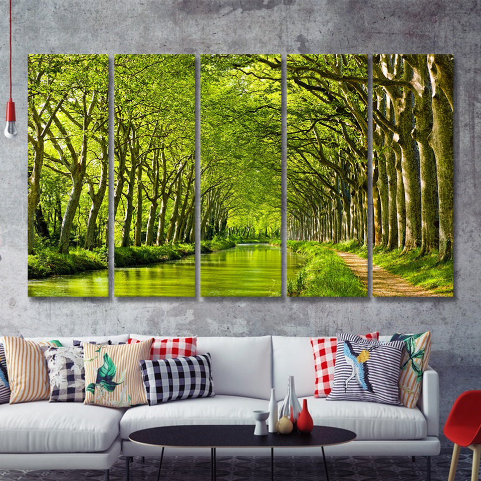 Canal Du Midi in France Green Trees 5 Piece B Canvas Prints Wall Art Decor - Painting Canvas, Multi Panels