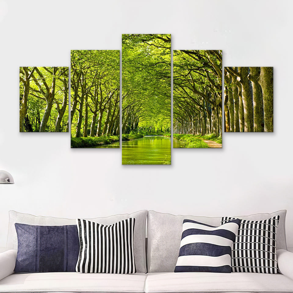 Canal Du Midi in France Green Trees 5 Piece Canvas Prints Wall Art Decor - Painting Canvas, Multi Panels
